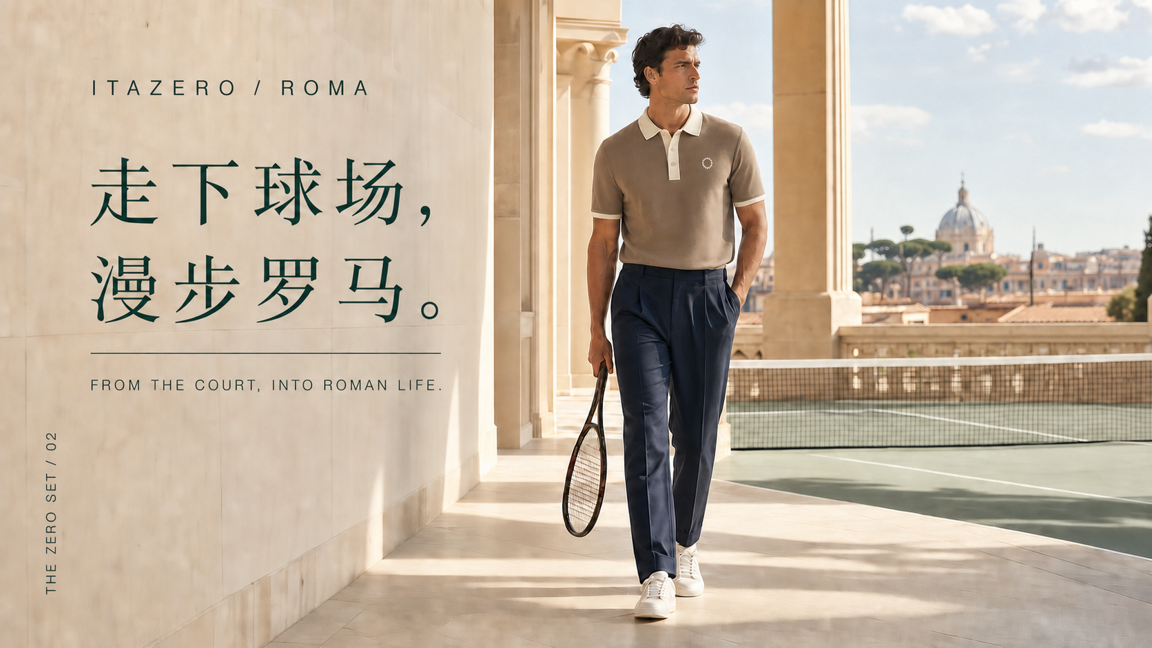 ITAZERO 罗马中英文意式生活海报，模特穿着 JK108 Polo