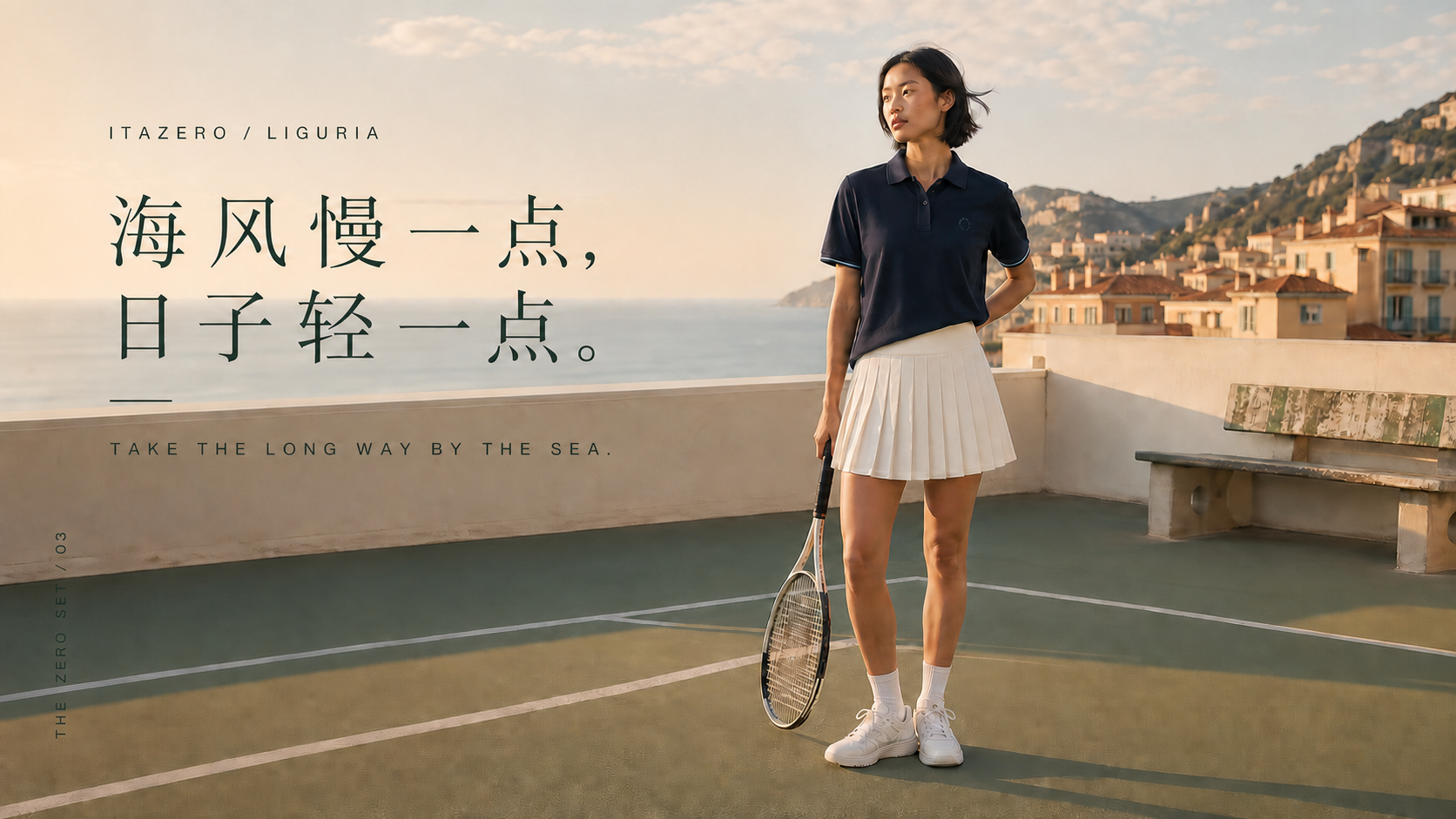 ITAZERO 利古里亚中英文意式生活海报，模特穿着 HK603 Polo