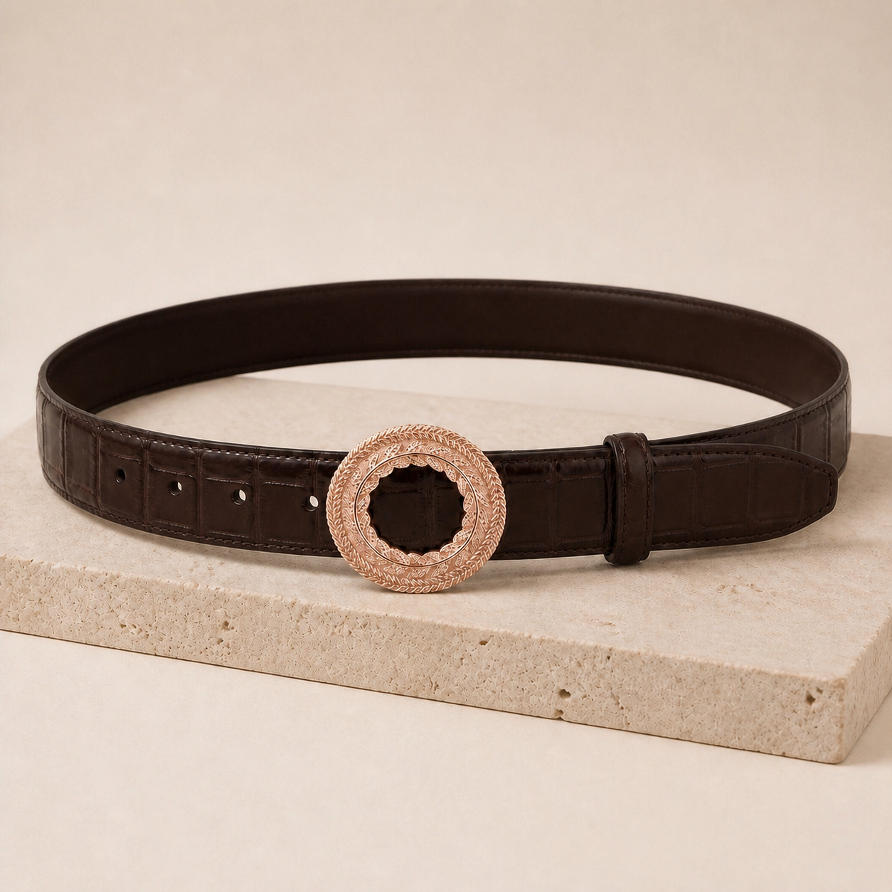 ITAZERO rose gold laurel ring belt belt-brown-07-still-life